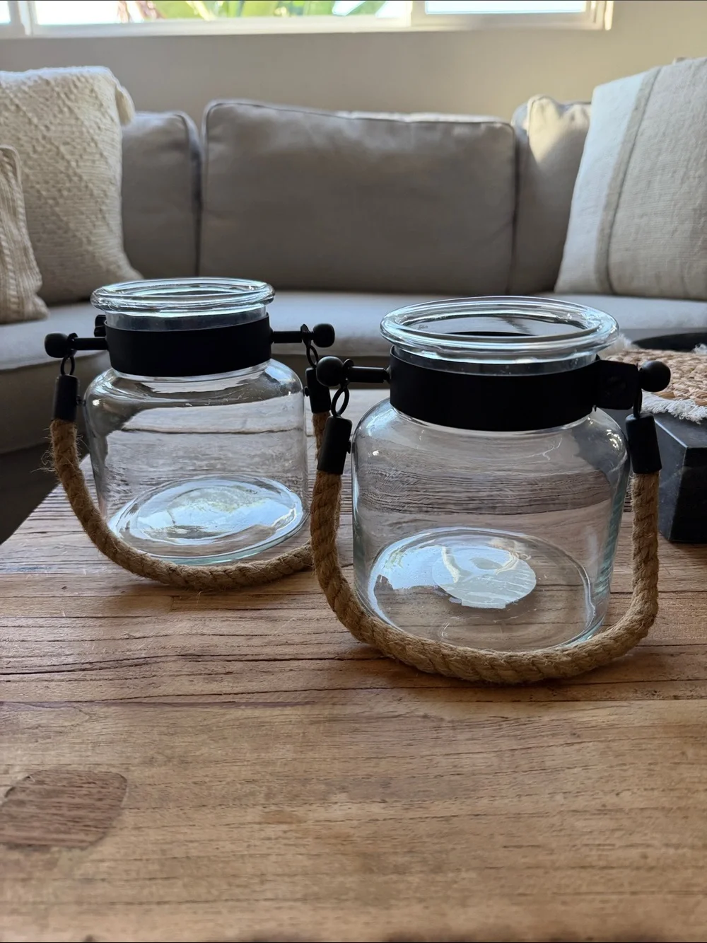Pottery Barn Clear Glass Lanterns with Black Metal and Rope Handles - Set of 2